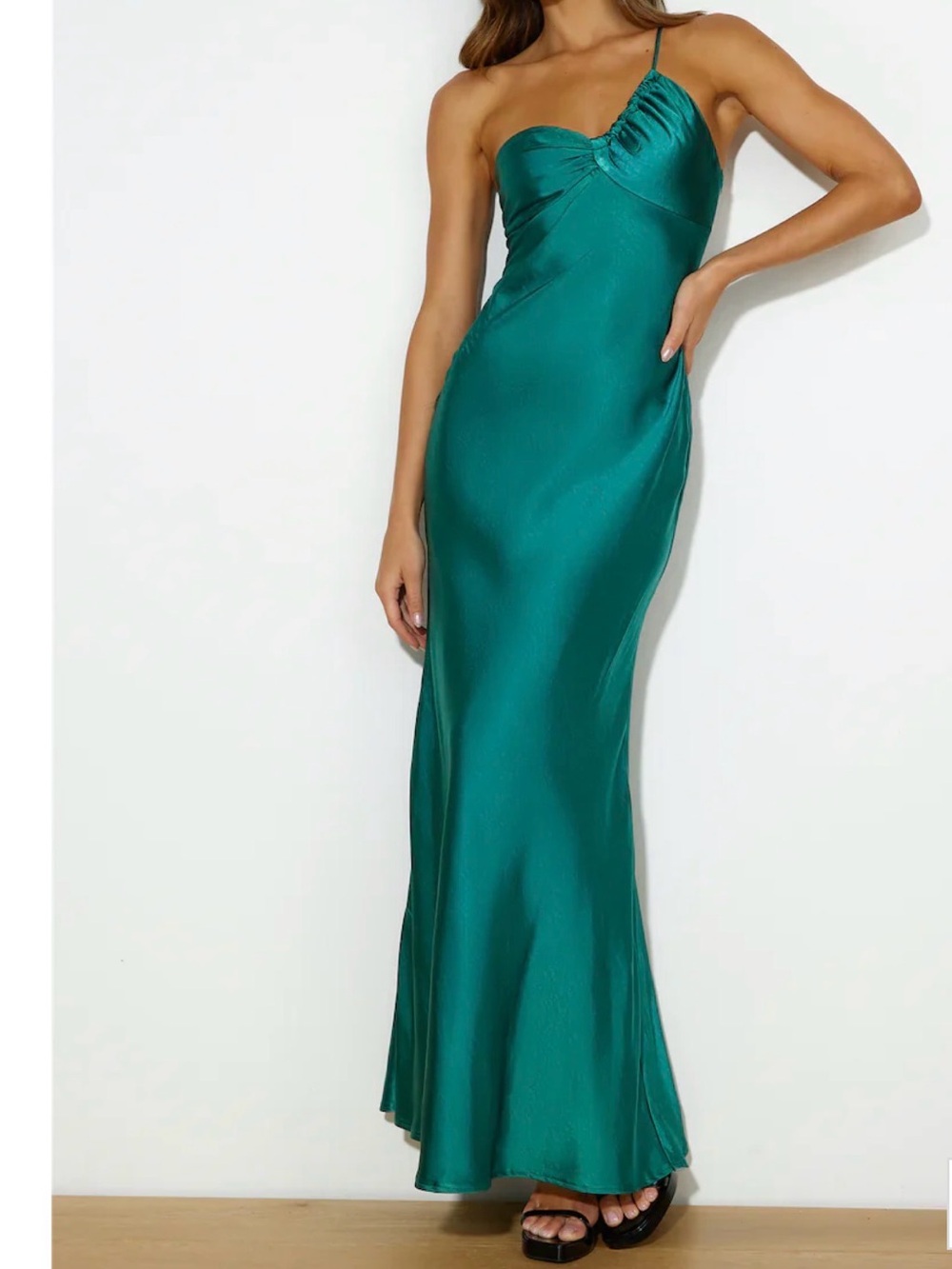 Selfie Leslie Teal One-Shoulder Satin Slip Dress